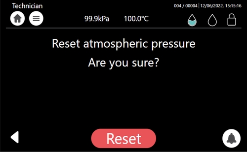 This is the Tuttnauer T-Top atmospheric pressure reset button confirmation screen.
