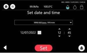 This is the date and time setting screen on the Tuttnauer T-Top.