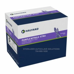 This is a box of X-SMALL Halyard Purple Nitrile-XTRA Sterile Exam Gloves 14259.