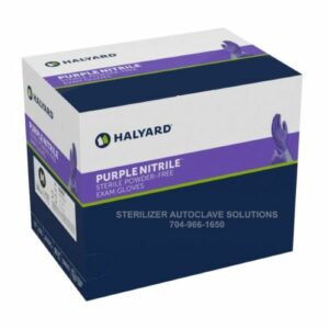 This is a box of 100 MEDIUM Halyard Purple Nitrile STERILE Powder Free Exam Gloves 55092.