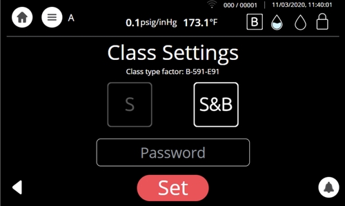This is the class selection menu on the Tuttnauer T-Edge 11S