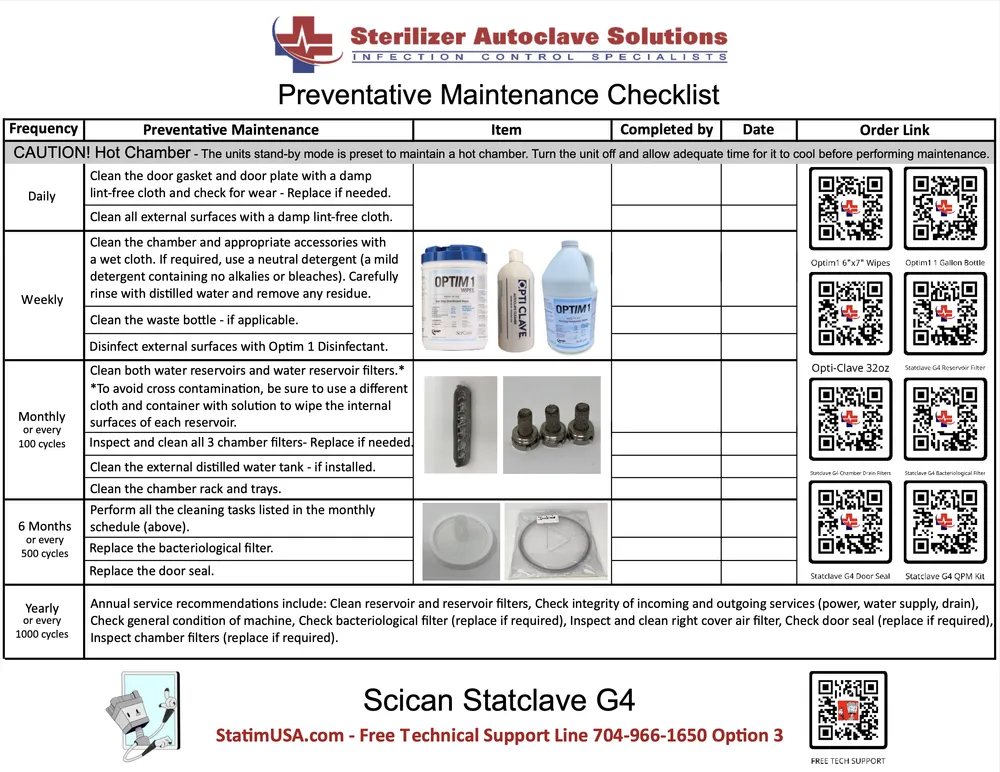 This is the SciCan StatClave G4 PM Checklist.