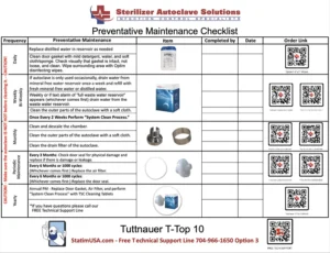 This is the preventative maintenance checklist for the Tuttnauer T-Top 10 autoclave.