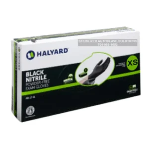 This is a box of 100 X-Small Black Nitrile Exam Gloves 49439