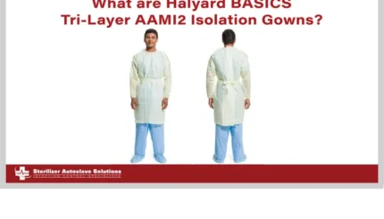 This is a thumbnail graphic with text and a picture of a person wearing a medical isolation gown.