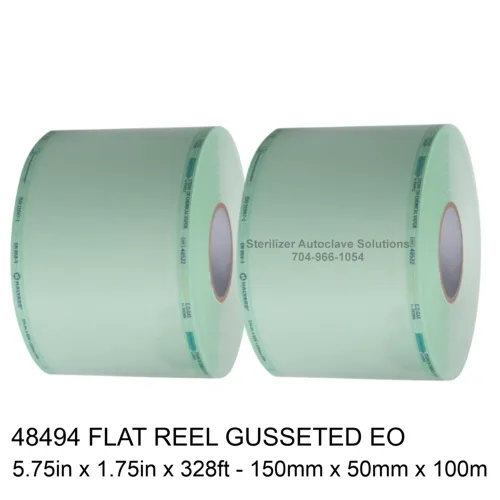 Gusseted reel of 48494 single use Halyard Heat Seal Paper Sterilization pouch film.