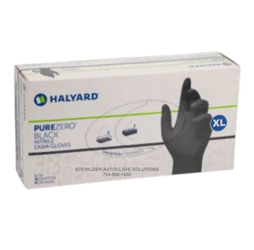 A BOX of 100 X-Large Halyard PureZero Black Nitrile Exam Gloves LFS711LG.