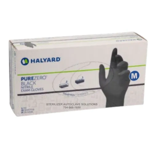A BOX of 100 Medium Halyard PureZero Black Nitrile Exam Gloves LFS711MD.