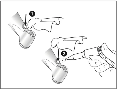This graphic shows how to clean the light source on W&H Alegra handpieces with LEDs.