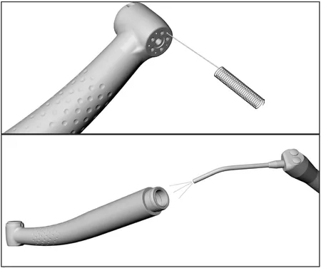 This graphic shows how to clean the spray nozzle on a handpiece
