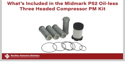 This is a thumbnail graphic with title text and a picture of a maintenance kit for a dental air compressor.