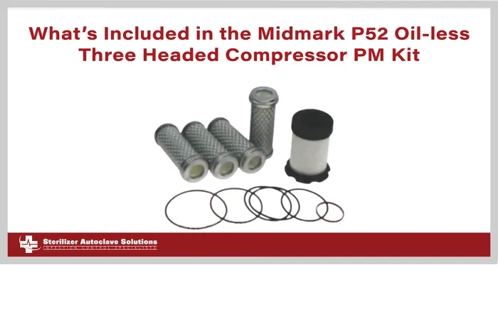 This is a thumbnail graphic with title text and a picture of a maintenance kit for a dental air compressor.
