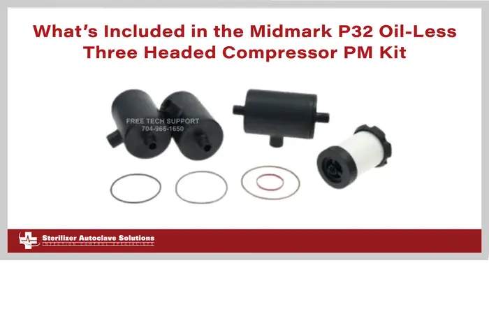 This is a thumbnail graphic with title text and a picture of a maintenance kit for a dental air compressor.