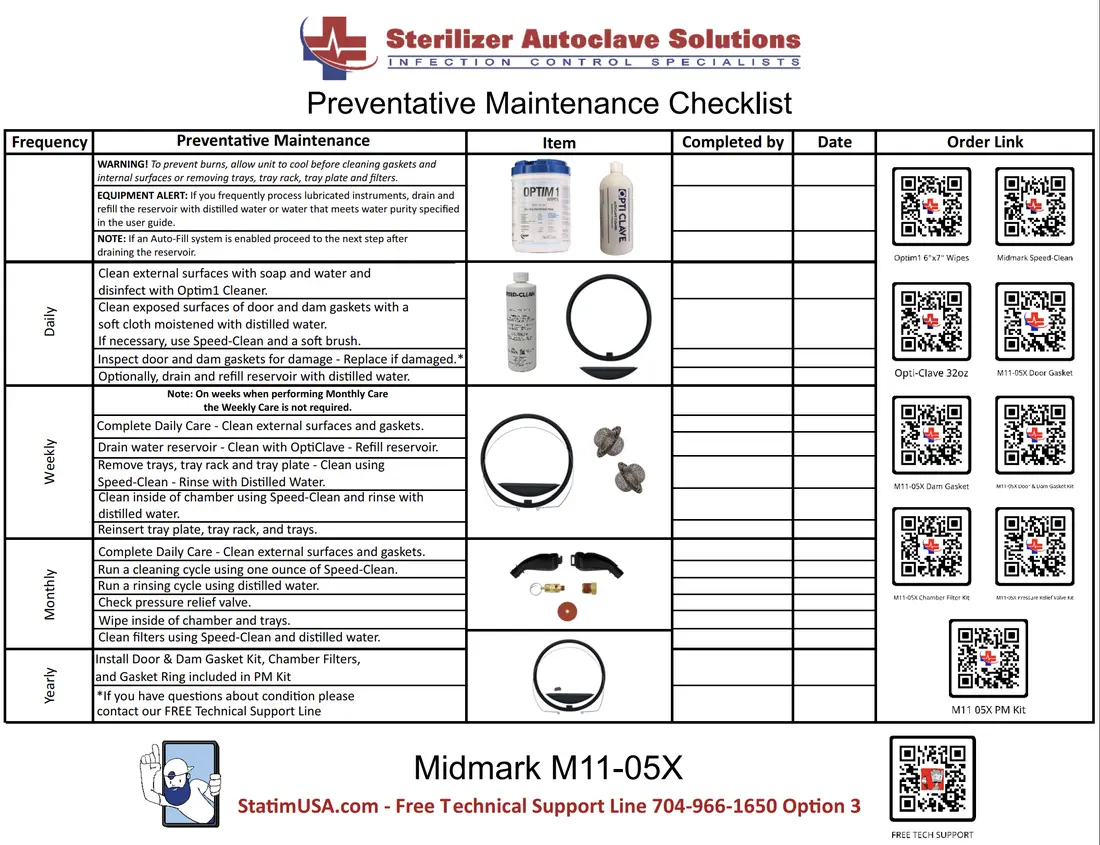 This is the Preventative Maintenance Checklist for the Midmark M11-05X autoclave.