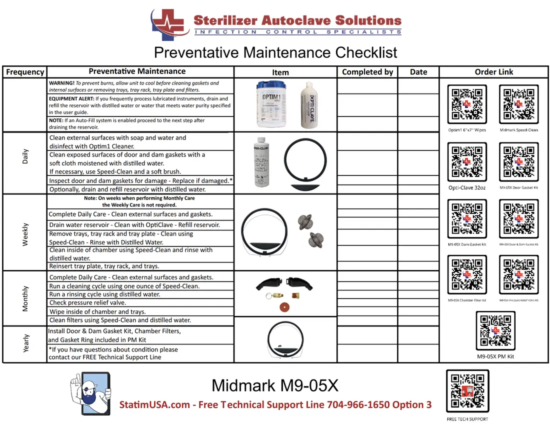 This is the Preventative Maintenance Checklist for the Midmark M9-05X autoclave.