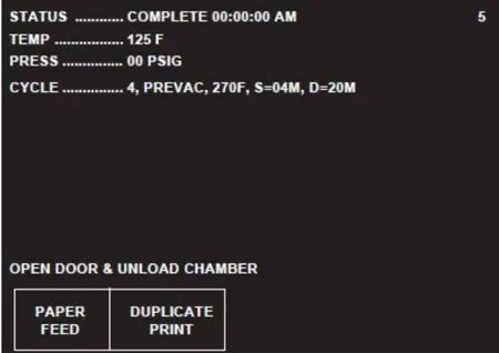 steris amsco v116 270°F prevac cycle complete screen graphic 