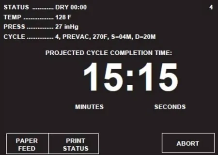steris amsco v116 270°F prevac cycle dry mode screen graphic 