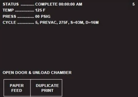 steris amsco v116 275°F prevac cycle completion screen graphic 