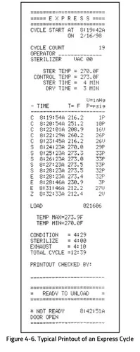 steris amsco v116 express cycle printout graphic 