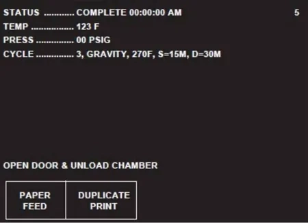 steris amsco v116 gravity cycle completed screen graphic 