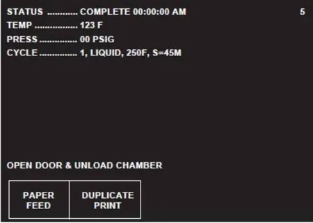 This is the Steris Amsco liquid cycle completion screen