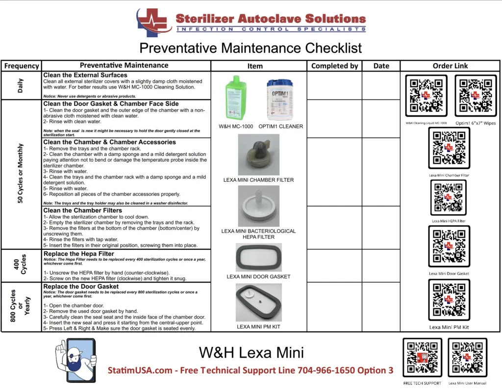 This is the Preventative Maintenance Checklist for the W&H Lexa Mini