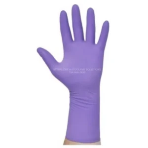 Halyard Purple Nitrile Xtra exam glove on left hand
