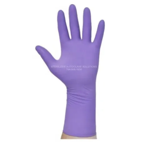 Halyard Purple Nitrile Xtra exam glove on left hand