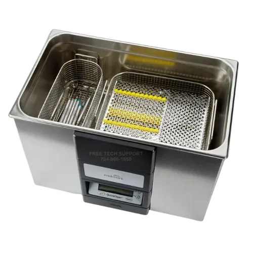 Midmark Quick Clean Ultrasonic Cleaner QC6-01 double baskets with instruments.