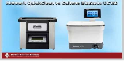 This graphic is a thumbnail for a comparison article showing two ultrasonic cleaners and the title above them.