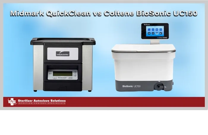 midmark quickclean vs coltene biosonic uc150 graphic This graphic is a thumbnail for a comparison article showing two ultrasonic cleaners and the title above them.