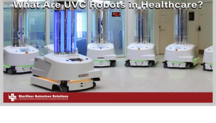 This graphic is a thumbnail for an article titled "What Are UVC Robots in Healthcare?"